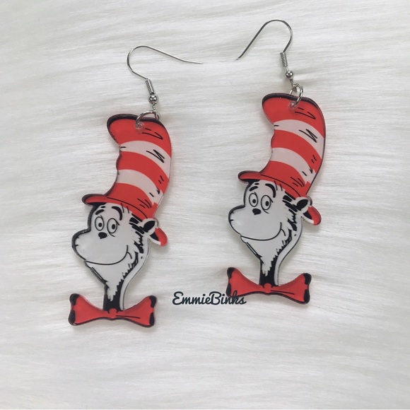 ✨3for$38 New Cat In The Hat Dr. Seuss Illustrated Character Dangle Earrings - Picture 2 of 11